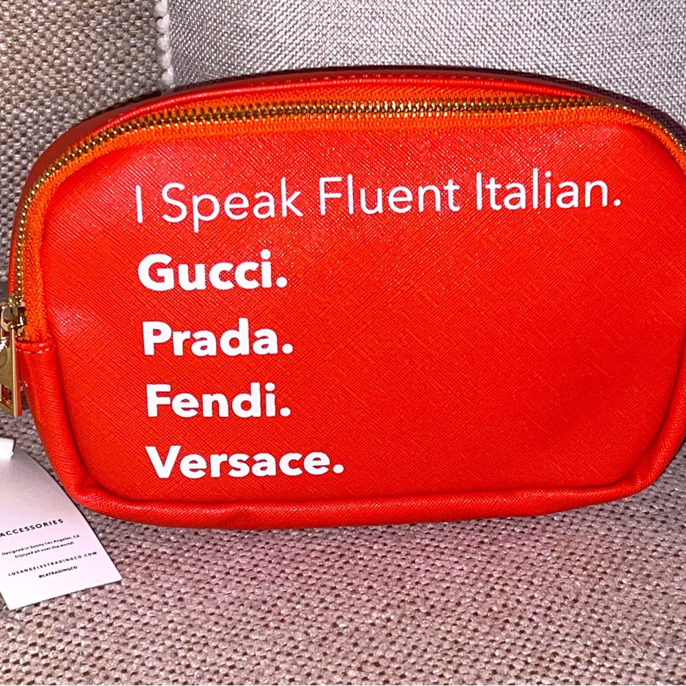 Crossbody w cheeky saying,  Gucci, Prada, Fendi, Versace. Vegan leather